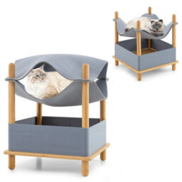 2 Tier Wooden Cat House Modern Cat Tree W/semienclosed Condo - thumbnail 1