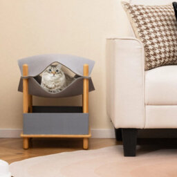 2 Tier Wooden Cat House Modern Cat Tree W/semienclosed Condo - thumbnail 5