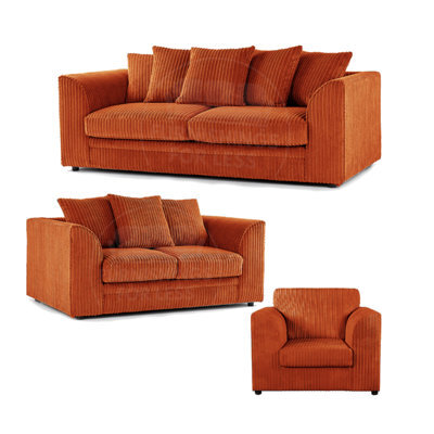 Furnishings For Less UK Luxor Jumbo Cord 3 + 2 + 1 Fabric 3 Piece Sofa Suite - Scatter Back Orange