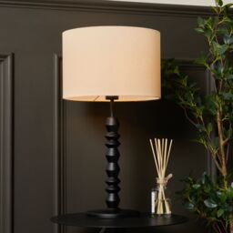Inlight Patos Spindle Round Matt Black & Natural Wood Effect Table Lamp - thumbnail 5