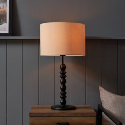 Inlight Patos Spindle Round Matt Black & Natural Wood Effect Table Lamp