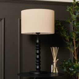 Inlight Patos Spindle Round Matt Black & Natural Wood Effect Table Lamp - thumbnail 3