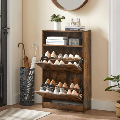 Songmics Vasagle Shoe Cabinet 2 Flip Doors, 3 Tier Shoe Rack, With 1 Open Compartment, Adjustable And Removable Divider, Rustic Brown - image 1