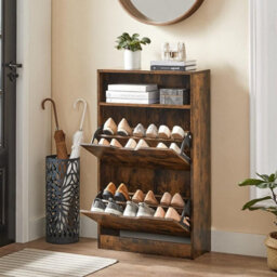 Songmics Vasagle Shoe Cabinet 2 Flip Doors, 3 Tier Shoe Rack, With 1 Open Compartment, Adjustable And Removable Divider, Rustic Brown - thumbnail 1
