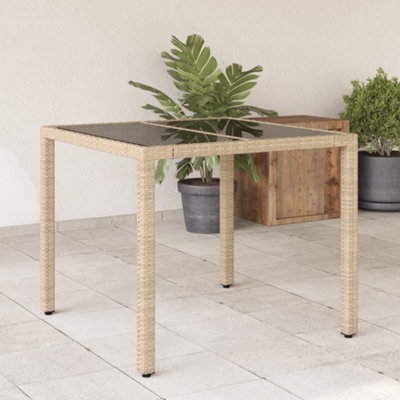 Berkfield Garden Table With Glass Top Beige 90X90X75 Cm Poly Rattan - image 1