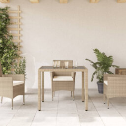 Berkfield Garden Table With Glass Top Beige 90X90X75 Cm Poly Rattan - thumbnail 3