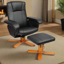 Evre Faux Leather Armchair With Foot Stool & Reclining Functions Swivel Padded - Black, Armchair