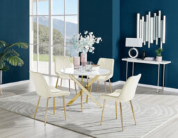 Furniturebox Novara White High Gloss 100Cm Round Dining Table With Gold Starburst Legs & 4 Cream Pesaro Velvet Chairs