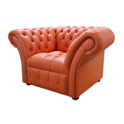 Chesterfield Club Chair Buttoned Seat Flamenco Orange Leather In Balmoral Style - thumbnail 3