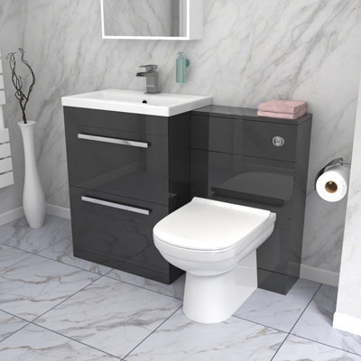 Nes Home 1100mm Dark Grey 2 Drawer Vanity Basin Unit, Wc & Curved Btw Toilet - image 1