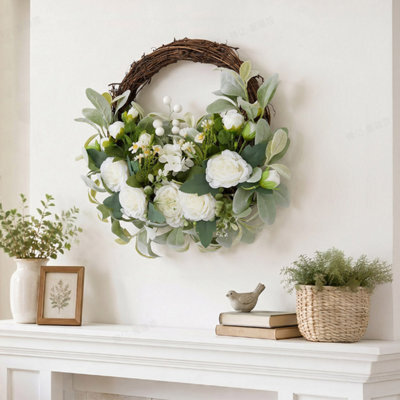 Living And Home White Peony Artificial Flower Wreath Green Leaves Rattan Base Front Door Hanging Farmhouse Decor - image 1