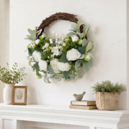 Living And Home White Peony Artificial Flower Wreath Green Leaves Rattan Base Front Door Hanging Farmhouse Decor