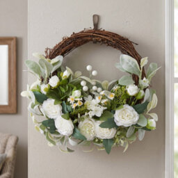 Living And Home White Peony Artificial Flower Wreath Green Leaves Rattan Base Front Door Hanging Farmhouse Decor - thumbnail 2