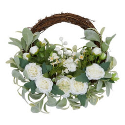 Living And Home White Peony Artificial Flower Wreath Green Leaves Rattan Base Front Door Hanging Farmhouse Decor - thumbnail 3