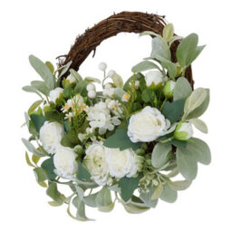 Living And Home White Peony Artificial Flower Wreath Green Leaves Rattan Base Front Door Hanging Farmhouse Decor - thumbnail 4