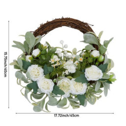 Living And Home White Peony Artificial Flower Wreath Green Leaves Rattan Base Front Door Hanging Farmhouse Decor - thumbnail 7