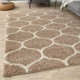 The Rugs Moroccan Shaggy Rugs And Runners Soft Fluffy Trellis Design High Pile Beige And Ivory  Living Room Kitchen Hallway 620 - thumbnail 1