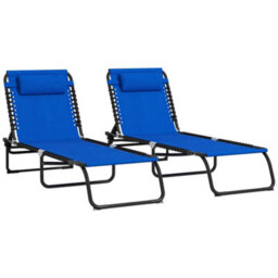 Outsunny 2 Pcs Folding Beach Chair Chaise Lounge 4 Adjustable Positions, Blue - thumbnail 2