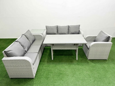 Fimous 7 Seater Poly Rattan Outdoor Garden Furniture Rectangular Dining Table Sofa Set 3 Seater Sofa Side Table Light Grey - image 1