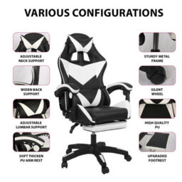 Gaming Massage Chair With Footrest Office Computer Recliner Swivel Adjustable White&black - thumbnail 5