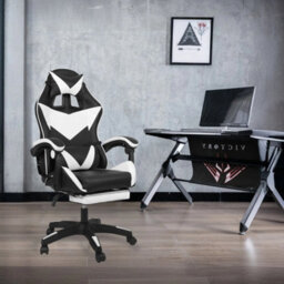 Gaming Massage Chair With Footrest Office Computer Recliner Swivel Adjustable White&black - thumbnail 3