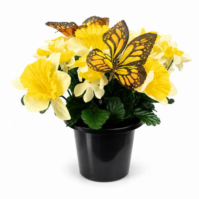 Urbn-Living Yellow Daffodil & Butterfly Set Of 1 Artificial Silk Flower Grave Pot Memorial Arrangement Graveside Cemetery - image 1