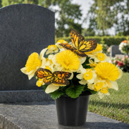 Urbn-Living Yellow Daffodil & Butterfly Set Of 1 Artificial Silk Flower Grave Pot Memorial Arrangement Graveside Cemetery - thumbnail 4
