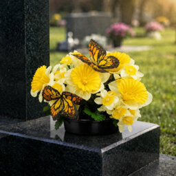 Urbn-Living Yellow Daffodil & Butterfly Set Of 1 Artificial Silk Flower Grave Pot Memorial Arrangement Graveside Cemetery - thumbnail 5