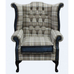 Chesterfield High Back Wing Chair Lana Beige Fabric Antique Blue Leather In Queen Anne Style - thumbnail 2
