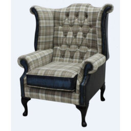 Chesterfield High Back Wing Chair Lana Beige Fabric Antique Blue Leather In Queen Anne Style - thumbnail 3
