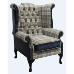 Chesterfield High Back Wing Chair Lana Beige Fabric Antique Blue Leather In Queen Anne Style - thumbnail 1