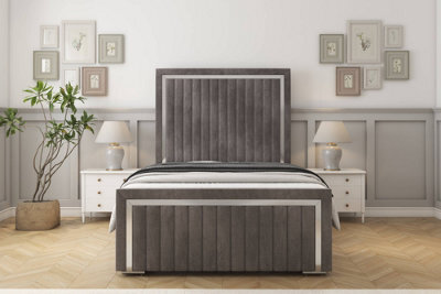 "Sloomy Boston Chrome Slate Naples Bed Frame With 50"" Upholstered Headboard 3' Single" - image 1