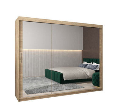Arte Tokyo 03 Contemporary Mirrored 3 Sliding Door Wardrobe 9 Shelves 2 Rails Oak Sonoma Effect (H)2000mm (W)2500mm (D)620mm - image 1