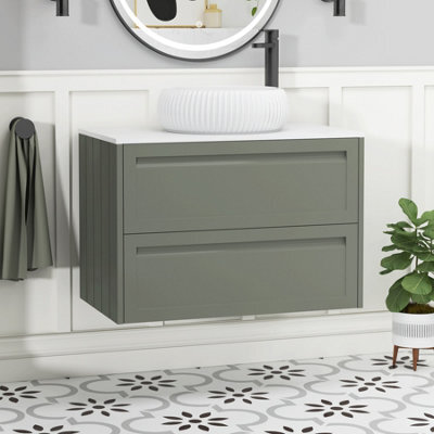 Royal Bathrooms Royal Bathroom Elmore 800mm Matt Green Wall Mounted Bathroom Vanity Unit 2 Drawer Plain White Worktop With Milan Basin - image 1