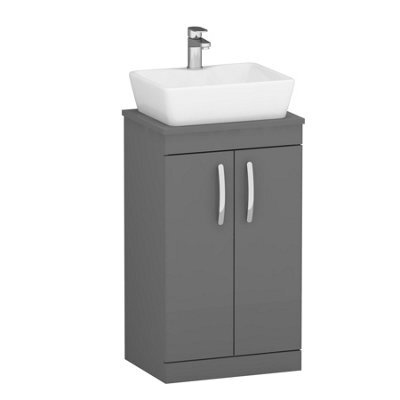 Royal Bathrooms 500mm Floor Standing Vanity Unit 2 Door Indigo Grey Gloss & Countertop Basin - Cube - image 1