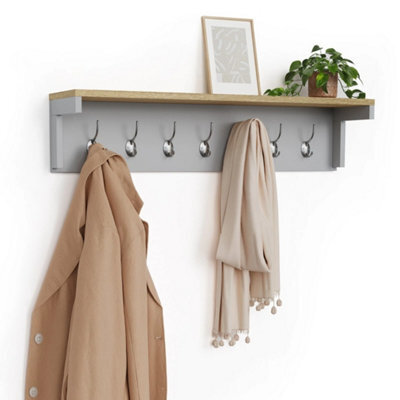 Coat Hooks Wall Mounted, Grey Coat Rack With Wood Effect Shelf - image 1