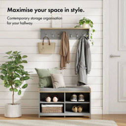 Coat Hooks Wall Mounted, Grey Coat Rack With Wood Effect Shelf - thumbnail 3