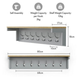 Coat Hooks Wall Mounted, Grey Coat Rack With Wood Effect Shelf - thumbnail 2