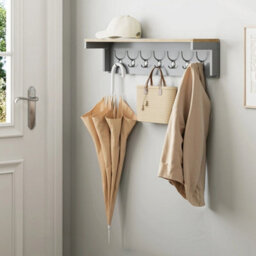 Coat Hooks Wall Mounted, Grey Coat Rack With Wood Effect Shelf - thumbnail 4
