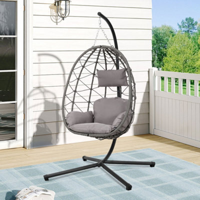 Lifeideas Grey Swing Egg Chair Hanging Garden Hammock Swing Chair Hanging Basket With Cushions & Stand Outdoor Furniture 195Cmh