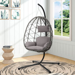 Lifeideas Grey Swing Egg Chair Hanging Garden Hammock Swing Chair Hanging Basket With Cushions & Stand Outdoor  Furniture 195Cmh - thumbnail 2