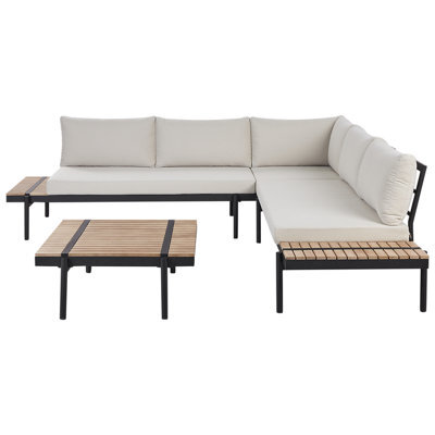 Wyld And Coco Off-White L-Shaped Corner Sofa Garden Set With Eucalyptus Coffee Table, 5-Seater, Weather-Ready - image 1