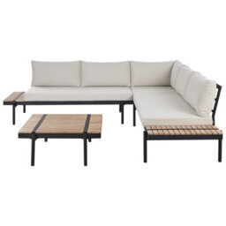 Wyld And Coco Off-White L-Shaped Corner Sofa Garden Set With Eucalyptus Coffee Table, 5-Seater, Weather-Ready - thumbnail 1