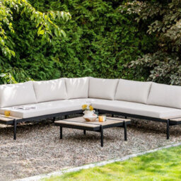 Wyld And Coco Off-White L-Shaped Corner Sofa Garden Set With Eucalyptus Coffee Table, 5-Seater, Weather-Ready - thumbnail 2