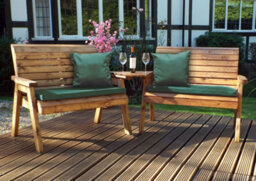 Charles Taylor Wooden Twin Garden 2 Seater Bench Set Angled & Green Cushion - thumbnail 1