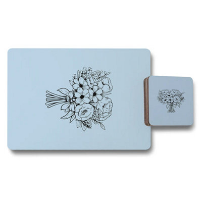Benjamin Tate Design Designer Floral Placemat And Coaster Set In Light Blue With Wood Base Fine Art Print Edition - image 1