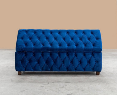 120Cm Riga Ottoman Storage Box With Wooden Legs, Sapphire Blue Velvet Upholstered Chesterfield Storage Ottoman Box - image 1