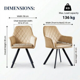 Evre Beige Velvet Dining Chairs Set Of 2 Upholstered Chairs With Arms & Metal Legs - thumbnail 2