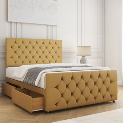 Bsspoke Maya Divan Bed Set Mustard Plush Velvet 24Inch Headboard & 20Inch Footboard 2 Drawers Footend & Mattress In All Sizes - image 1