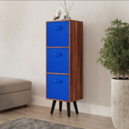 Urbn-Living Urbnliving 80Cm Height 3 Tier Teak Wooden Storage Bookcase Scandinavian Style Black Legs With Dark Blue Inserts